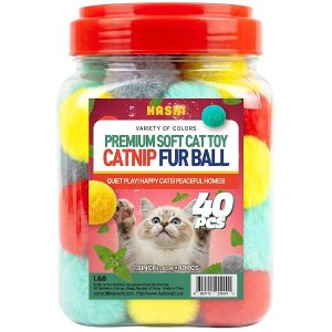 HA SHI 40 Count Catnip Fur Balls for Indoor Cats, 1.8 Inch Soft Plush Interactive Kitten Toy, Quiet Night Play, Colorful Fuzzy Poms