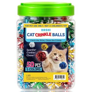 HA SHI Cat Crinkle Balls 50 Pack 1.6 Inch Shiny Mylar Toys for Indoor Cats